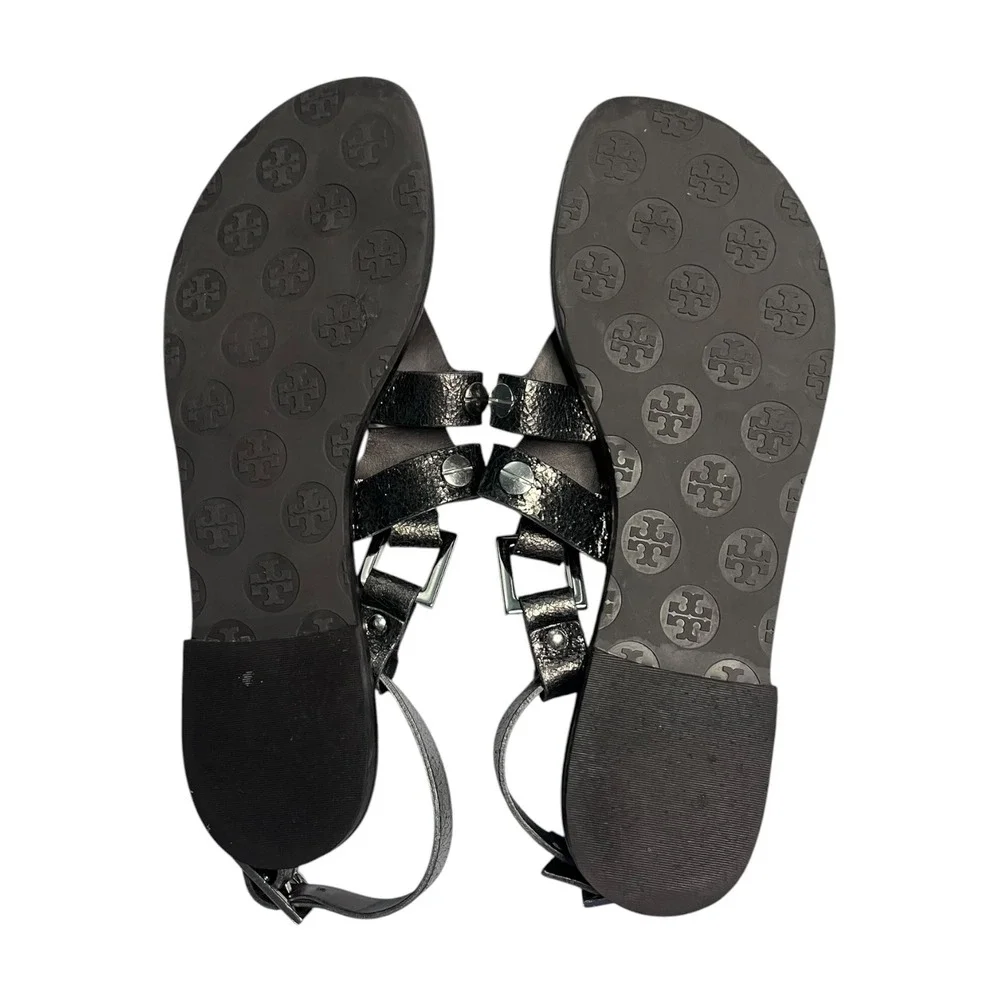 Tory Burch Metallic Pewter Leather Studded Gladiator Thong Sandals Womens 9M